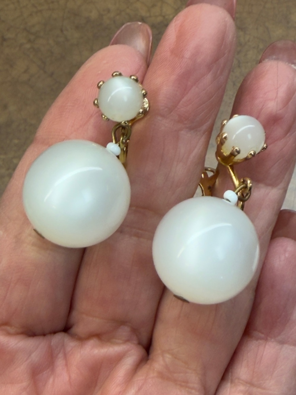 Gold-Tone White moonglow Orb Drop Clip-On Earrings